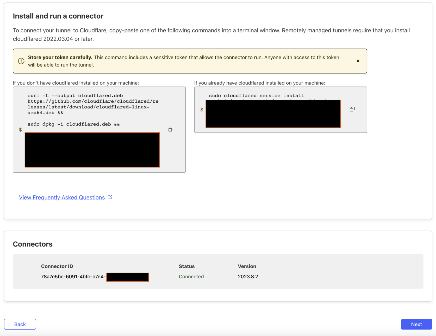 On successful configuration, Cloudflare displays the Connectors and status of connection to Cloudflare network.